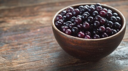 Bowl of Nutrient-Dense Antioxidant Berries on Rustic Wooden Surface with Ample Copy Space for Text or Branding
