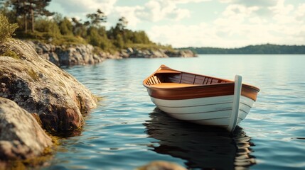 Naklejka premium Scenic boat anchored in tranquil waters of an archipelago surrounded by rocky shores and lush greenery under a bright sky