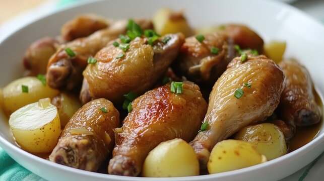 Delicious boiled potatoes served with succulent smoked chicken and fresh chives in a vibrant bowl&igrave;&acute;&euro;