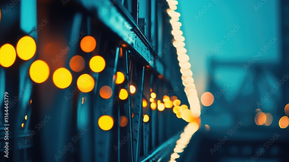 Poster bokeh light effect on bridge railings creating a dreamy atmospheric background for urban settings
