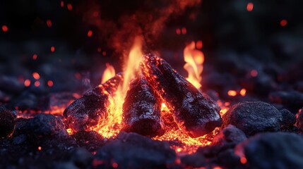 Naklejka premium Glowing campfire with burning logs and vibrant flames in a dark outdoor setting showcasing warmth and wilderness atmosphere