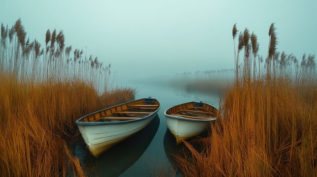Serene foggy landscape with vintage boats nestled among golden reeds by a tranquil waterway at dawn.