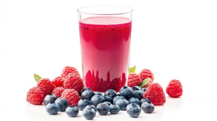 Bowl of mixed berries and cereal with refreshing juice on a clean white background showcasing healthy breakfast options.