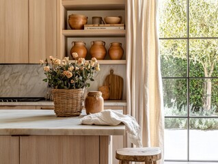 A kitchen with a white countertop and a wooden island. A basket of flowers sits on the counter