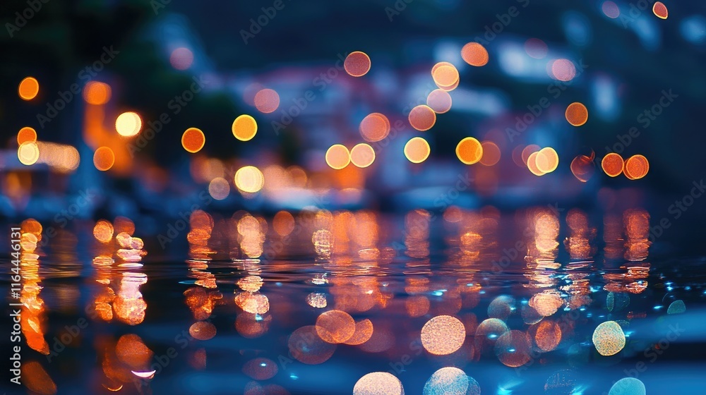 Poster bokeh effect of colorful reflections on water surface at night with dazzling lights and soft focus b