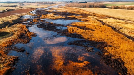 Aerial view of brown peat mining landscape showcasing the Dead Moor with vibrant autumn colors near Hanover district.