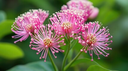 Obraz premium Delicate Xeranthemum flowers blooming in lush garden setting showcasing vibrant pink colors and intricate petal structures.