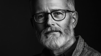 Aged Man in Glasses with Beard Intently Gaze in Black and White Studio Portrait Setting Evoking Timeless Elegance and Wisdom