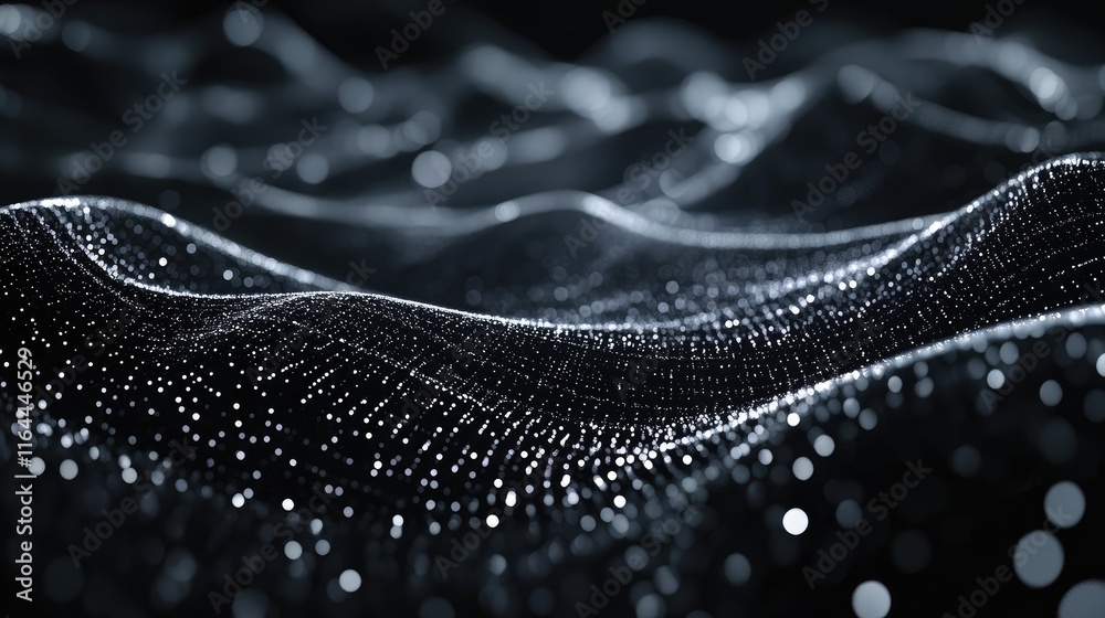 Poster abstract black background with glimmering particles creating a wave effect ideal for digital art and