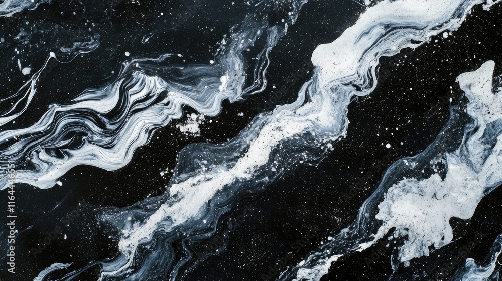 Poster abstract black background featuring dynamic white fluid lines creating an elegant and modern artisti