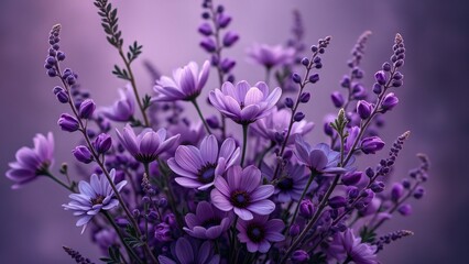 Fototapeta premium Vibrant Purple Flower Bouquet, Close-up of Delicate Blooms and Buds in Rich Violet Hues