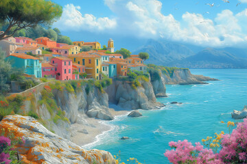 Fototapeta premium Photo réaliste professionnelle d’un village côtier perché sur une falaise, avec des maisons colorées bordant le sommet et des vagues se brisant contre les rochers en dessous