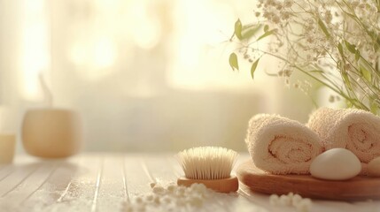Spa essentials with body brush towels and natural elements creating a serene and calming atmosphere for relaxation and self-care.
