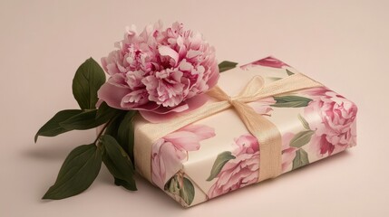 Elegant gift box adorned with peony flowers on a soft light background for celebrations and special occasions.
