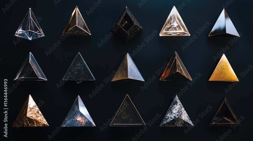 Poster collection of triangular geometric shapes in various materials arranged on a black background for de