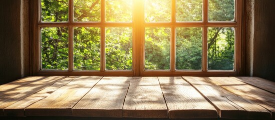Sunlit wooden table with a window backdrop perfect for product displays and creative presentations in a bright outdoor setting
