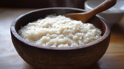 Traditional breakfast bowl of creamy boiled rice with a wooden spoon showcasing a warm and comforting meal for the start of the day
