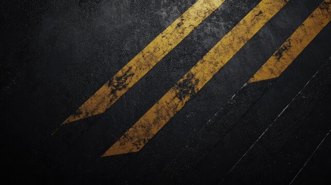 Textured black asphalt road with worn yellow directional lines and arrows creating a strong visual impact for urban and transportation themes