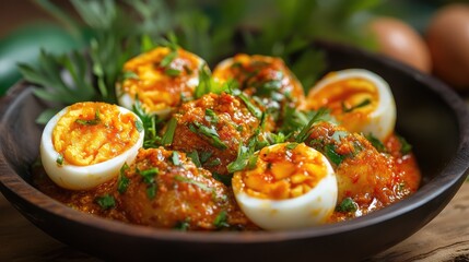 Spicy Sambal Boiled Eggs Garnished with Fresh Herbs in a Rustic Bowl