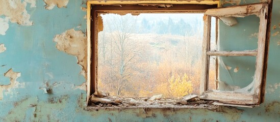 Abandoned room with a broken window frame revealing a neglected landscape outside, symbolizing...