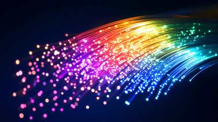 Prismatic fiber optic cables emanating a captivating otherworldly glow on a pitch black canvas mesmerizing interlocking ribbons of light in a kaleidoscopic spectral display. Luminiferous. Illustration