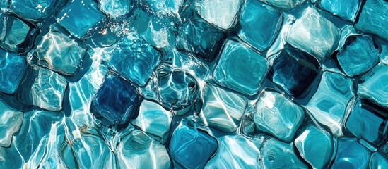 Vibrant blue glass tiles in one inch squares submerged in clear water highlighting textures and reflections of aquatic hues