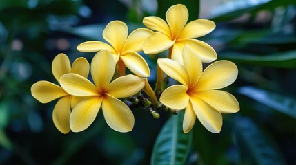 Fototapeta premium vibrant yellow tropical flowers blooming in lush garden surrounded by green foliage showcasing nature's beauty and tranquility