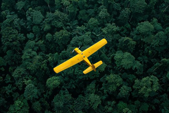 image of a yellow plane over a rain forest high above showing the plane small and tiny over a massive rain forest with nothing els but trees 