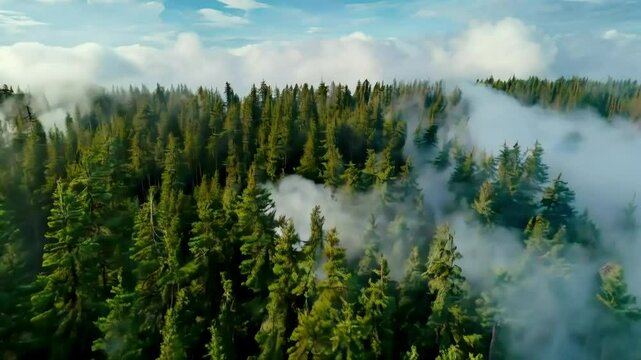 Aerial view of a lush evergreen forest shrouded in mist under a partly cloudy sky.