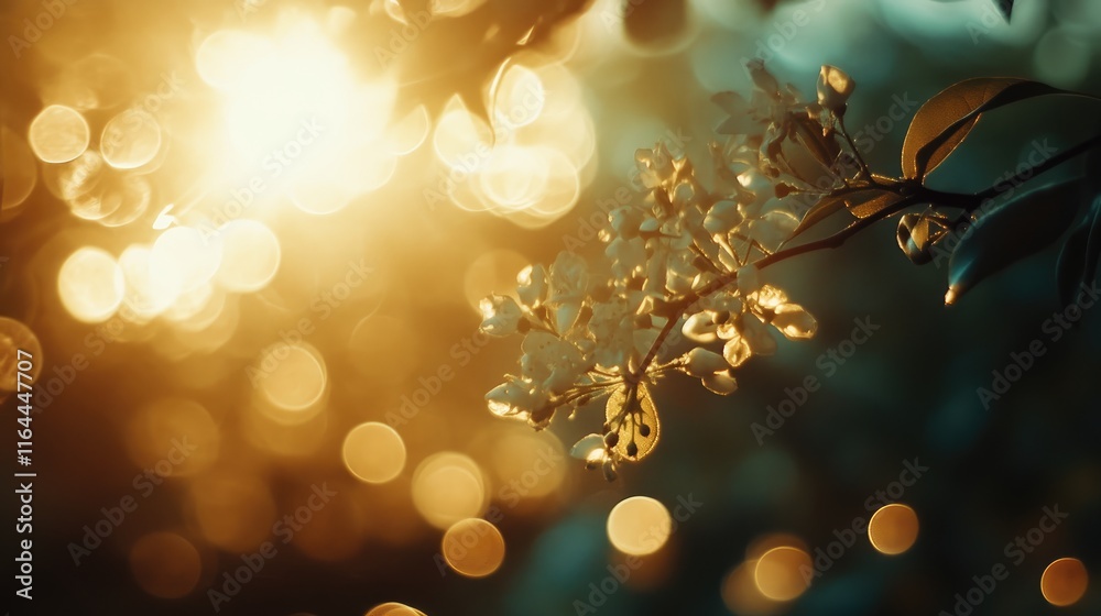 Poster golden bokeh lights through foliage creating a dreamy nature background with delicate flowers and so