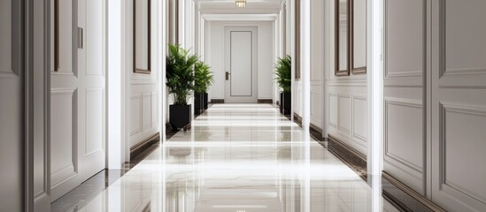 Fototapeta premium Elegant corridor with sleek white walls, luxurious marble flooring, and stylish doors, enhanced by modern lighting and green plants.