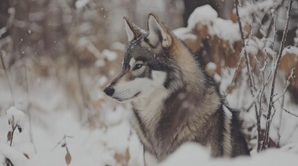 Obraz premium Majestic Wolfdog in a Serene Snowy Forest Setting Capturing the Beauty of Nature and Wildlife