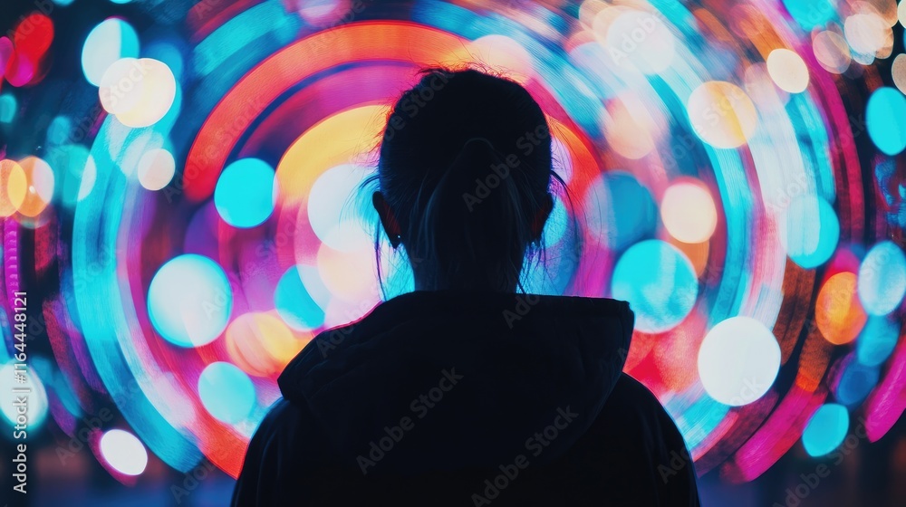 Poster colorful bokeh effect at night with circular patterns and silhouette of a person creating a captivat