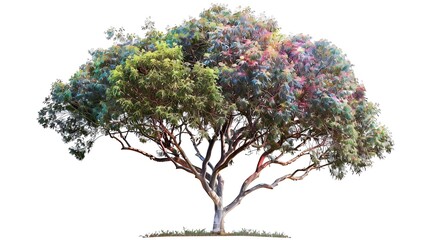 A colorful eucalyptus tree with multicolored bark, isolated perfectly.