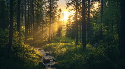 Obraz premium Sunlight filtering through trees beside a serene forest stream in the evening