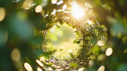 Natural circular bokeh effect with sunlight filtering through greenery creating a dreamy and serene atmosphere in nature.