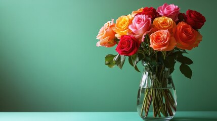 Fototapeta premium Vibrant rose bouquet in clear glass vase on soft green background showcasing colorful blooms and fresh foliage