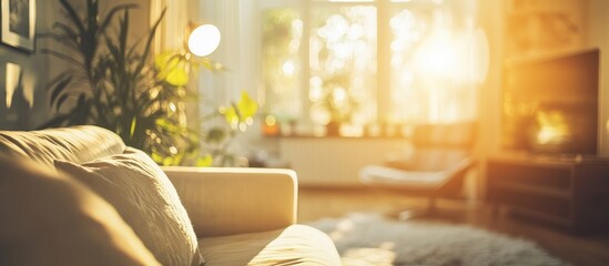 Cozy living room interior bathed in soft sunlight featuring stylish furniture and vibrant plants perfect for background illustration