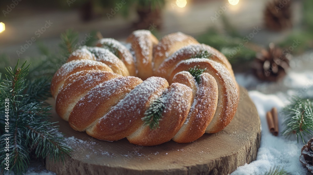 Canvas Prints Cinnamon wreath bun dusted with powdered sugar and pine branches on rustic wooden table for festive table decoration