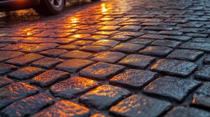 Car brake lights reflecting on wet cobblestone pavement during a rainy night creating a moody atmosphere on an urban street scene