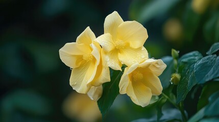 Fototapeta premium Yellow blooming flowers with dew drops in a lush garden setting showcasing nature's beauty and vibrant colors.