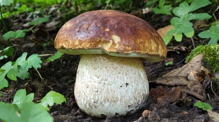 Boletus Edulis Mushroom Among Greenery showcasing Forest Foraging and Natural Culinary Heritage of Fresh Edible Mushrooms