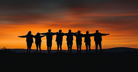 Les silhouettes d'un groupe d'amis se tenant debout, les bras sur les épaules, avec un ciel avec coucher de soleil en arrière-plan, symbolisant l'unité et la solidarité.