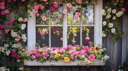 Charming window adorned with vibrant flowers creating a picturesque and inviting atmosphere in a serene outdoor setting