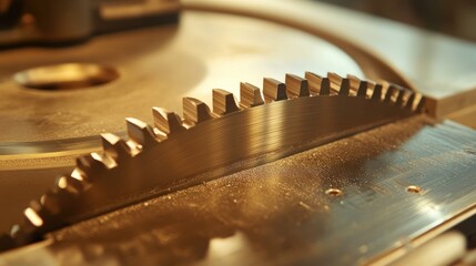 Close-up of a circular saw blade on a table saw designed for precise crosscutting in woodworking tasks