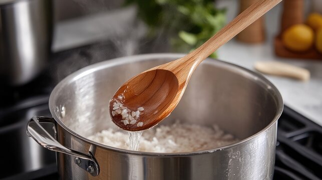 Cooking rice in a pot with a wooden spoon stirring the boiling grains on a stovetop in a cozy kitchen setting.