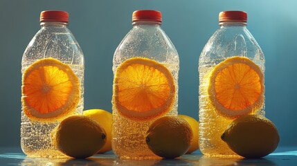 Citrus lemonade in transparent bottles featuring lemon and orange slices with fresh lemons on a blue backdrop