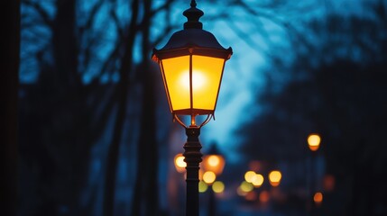 Elegant street lamp glowing softly in a serene night setting surrounded by blurred lights and trees...