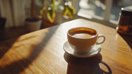 Freshly Brewed Espresso in a White Cup on a Rustic Wooden Table Bathed in Natural Sunlight