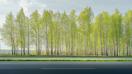 Fototapeta premium Springtime birch grove flourishing beside a modern highway showcasing vibrant greenery and serene natural beauty in an urban landscape.
